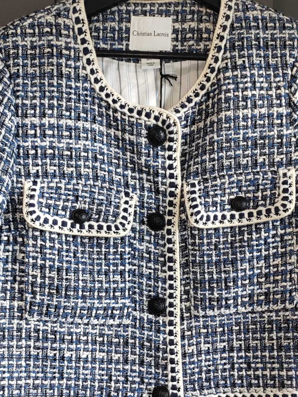 Christian Lacroix Blue and White Tweed Cropped Jacket